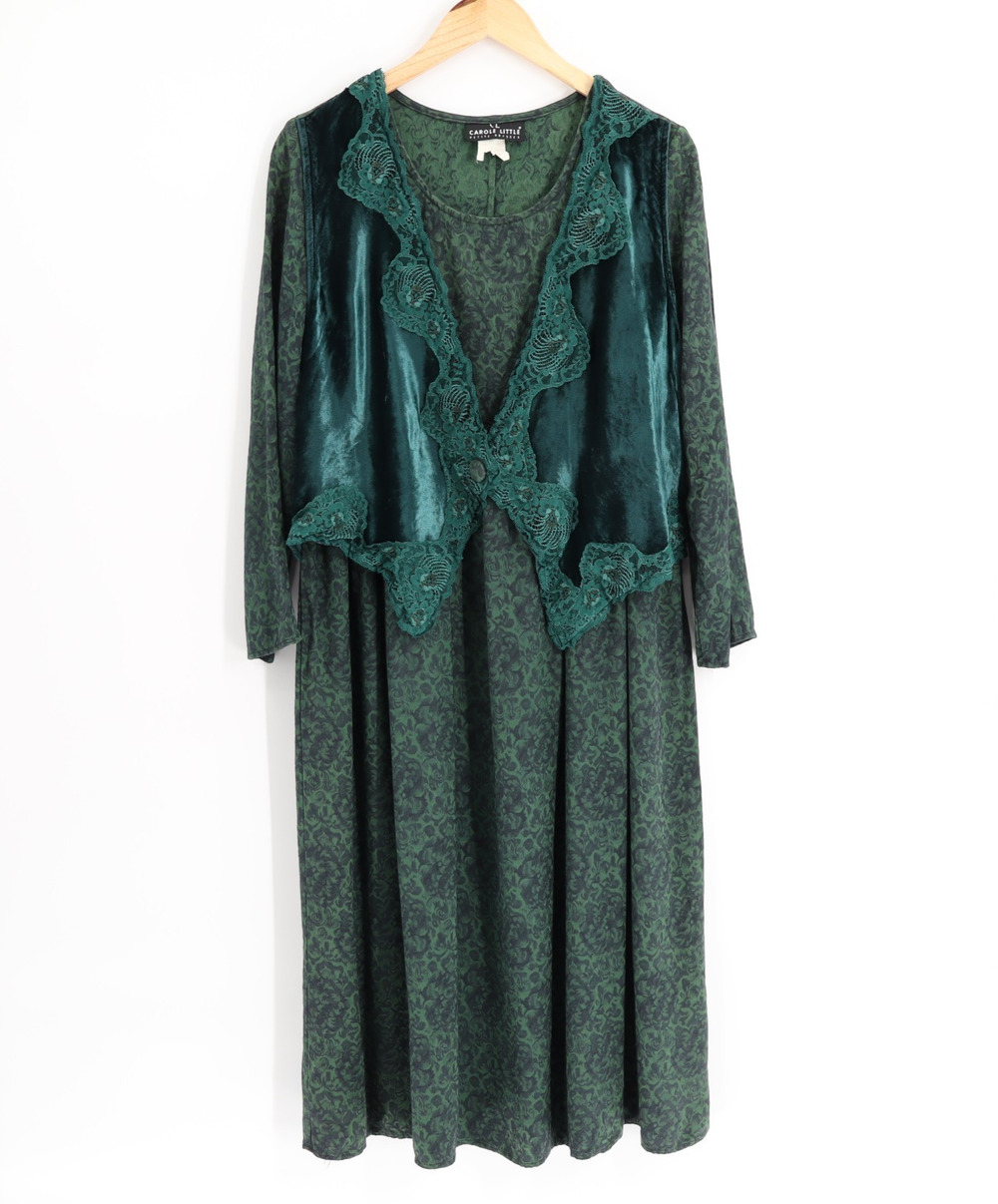 Vintage Carole Little L Whimsigoth Emerald Green Midi Dress Velvet Ruffle Vest